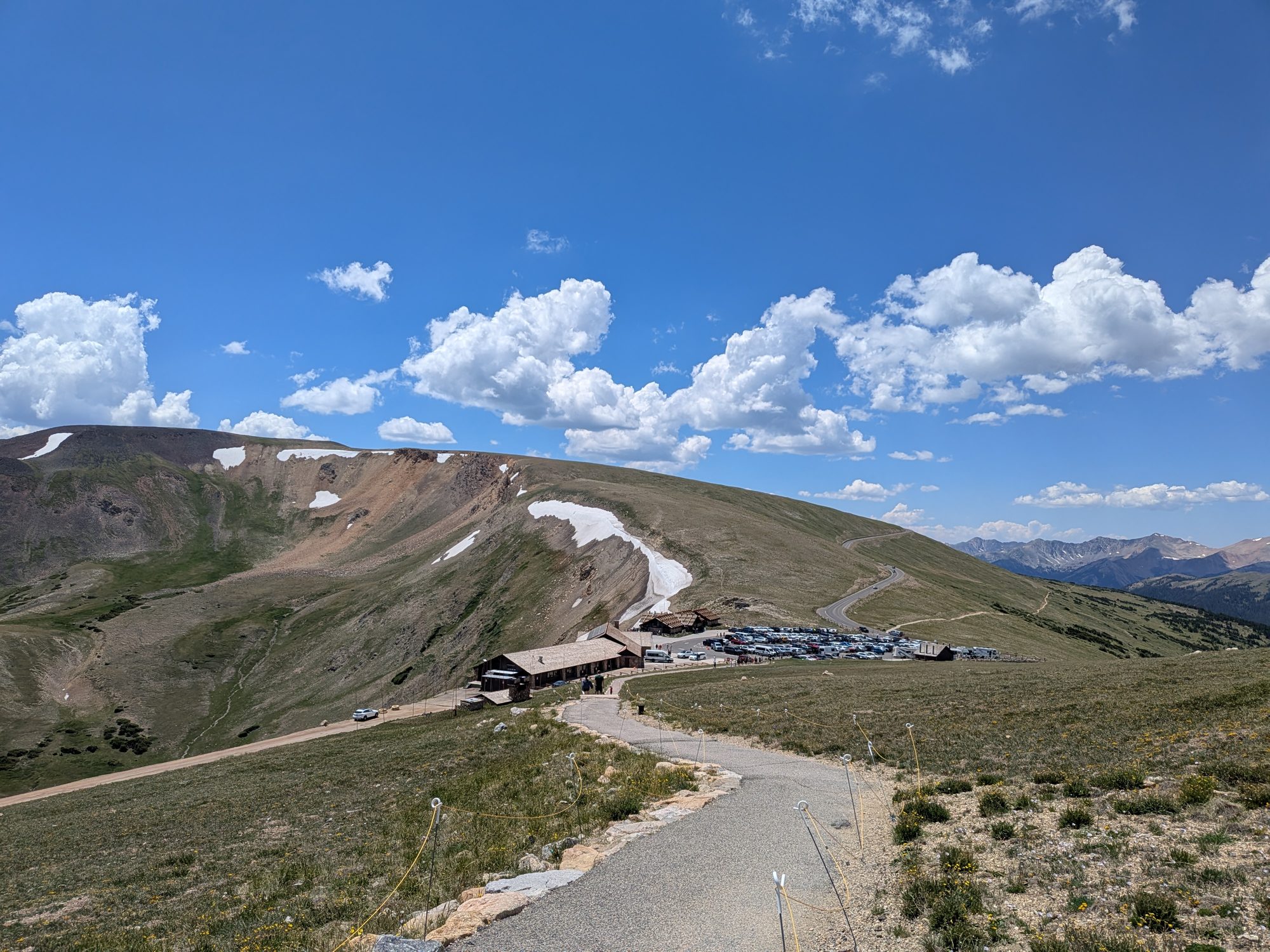 Paved Alpine Ridge Trail looking down toward the Alpine Visitor Center and tundra