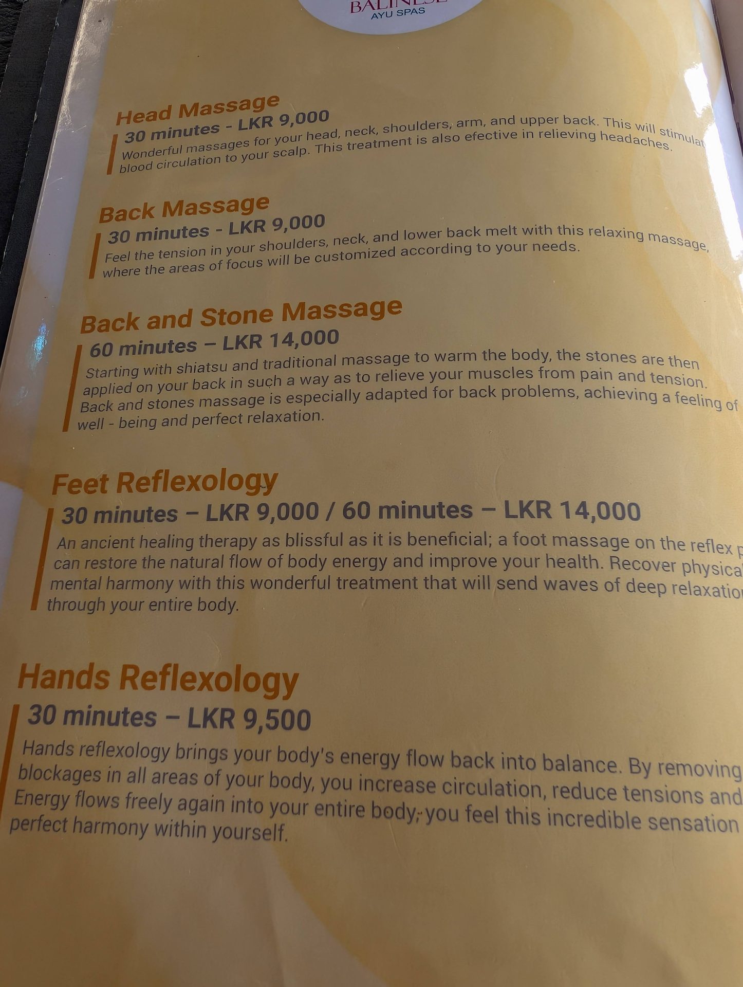 Spa menu with massage prices in rupees at Anantaya Pasikudah