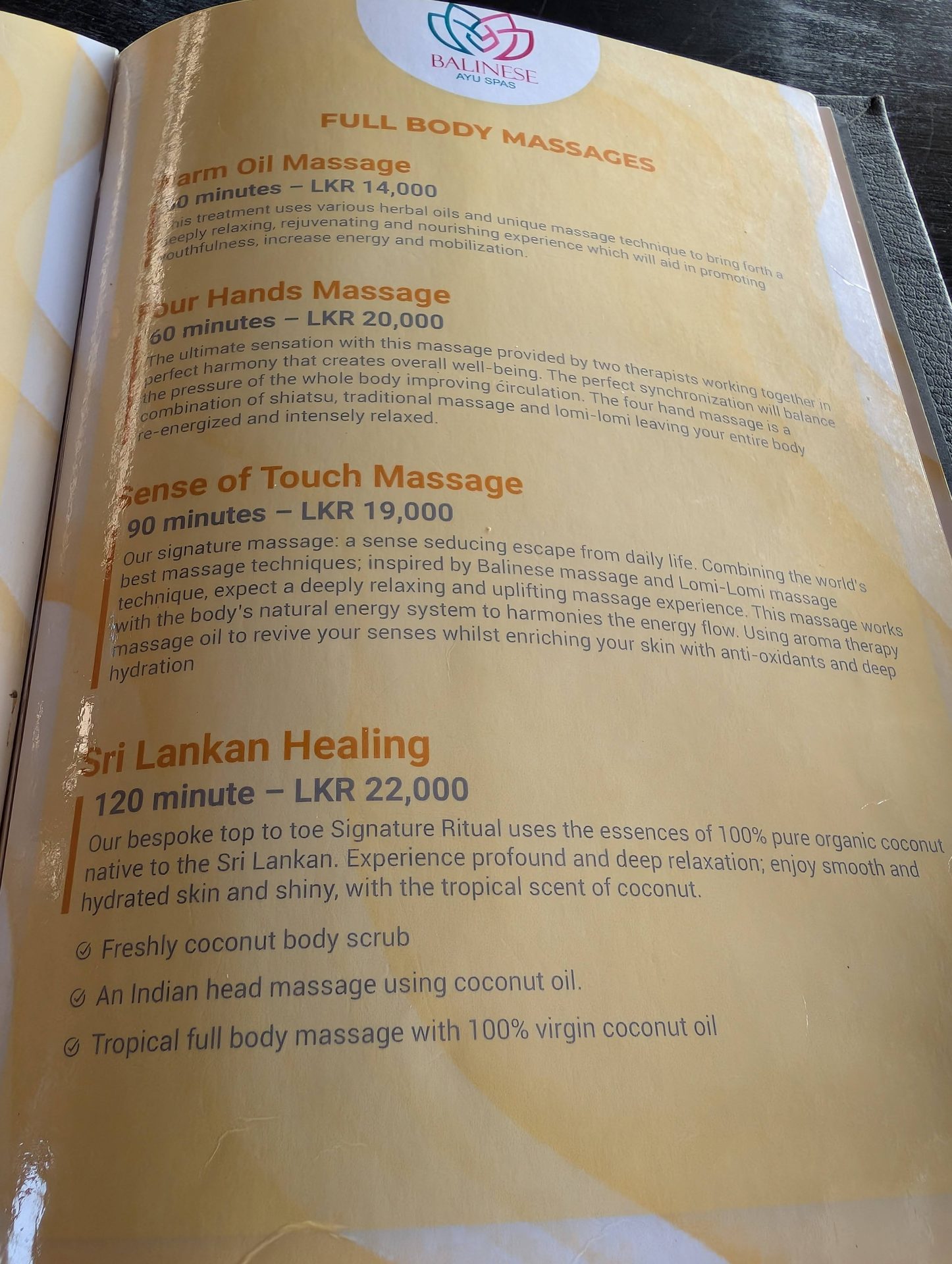 Spa menu with full body massage prices at Anantaya Pasikudah