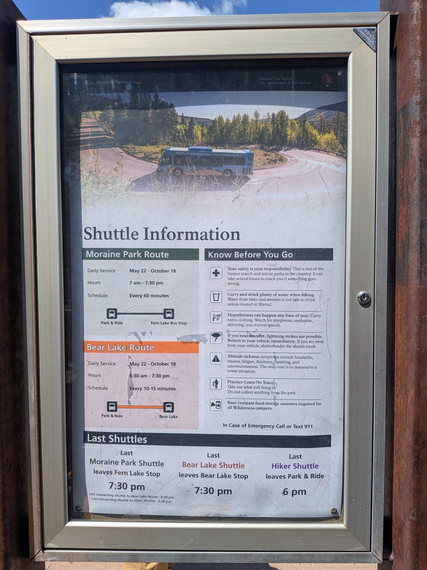 Bear Lake Road shuttle information sign showing the Bear Lake and Moraine Park routes