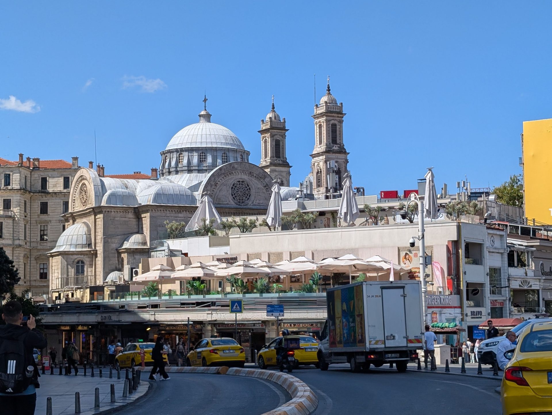 Dome and bell towers of Hagia Triada seen from Taksim Square