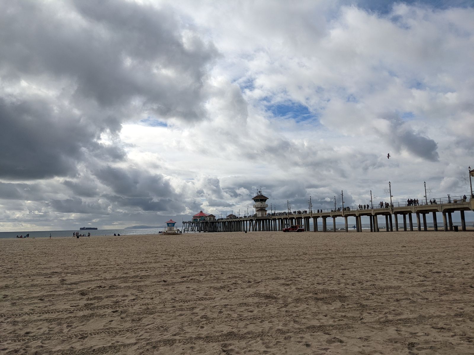 Huntington Beach Pier under a cloudy winter sky