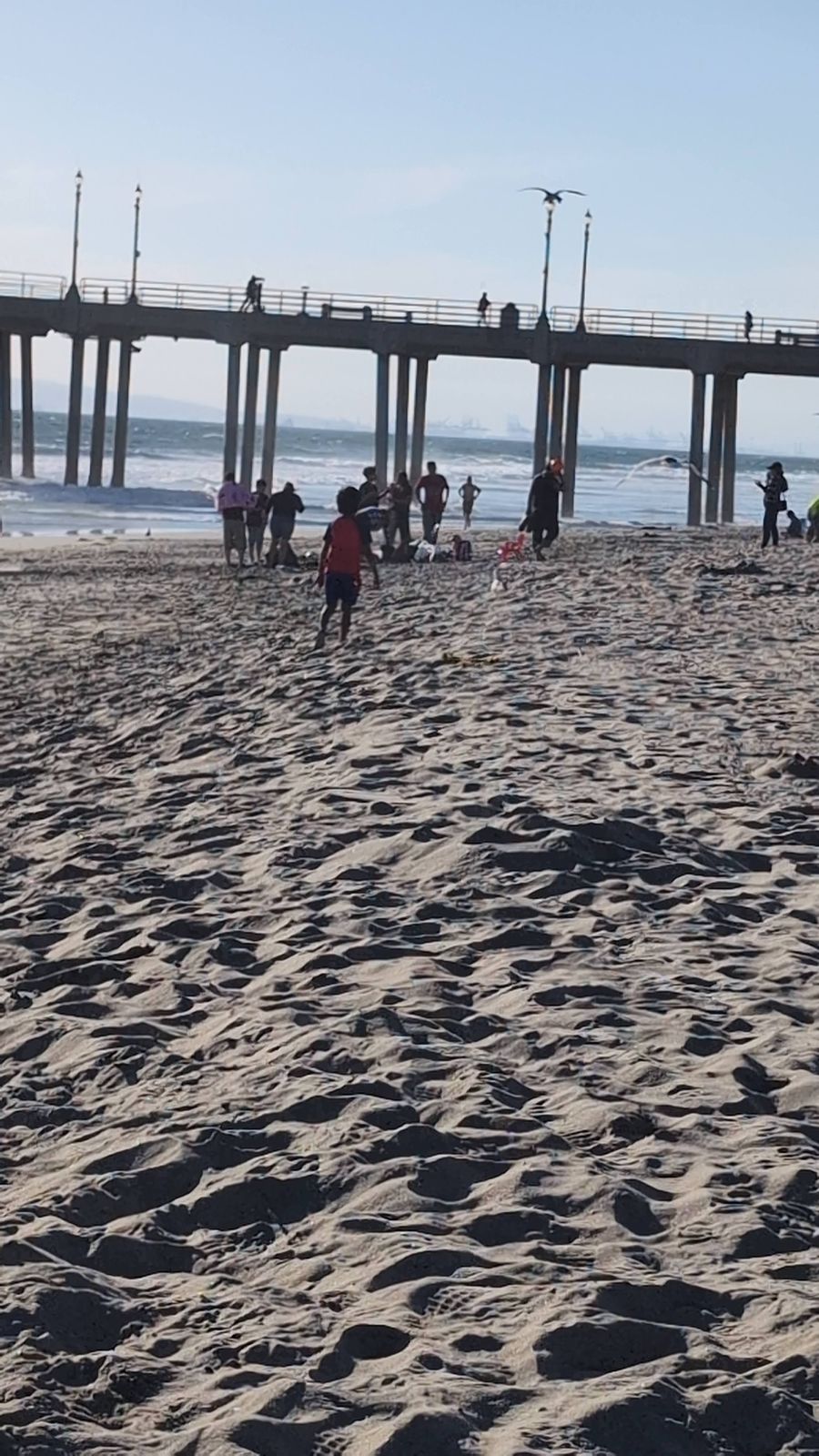 Families on the sand under Huntington Beach Pier