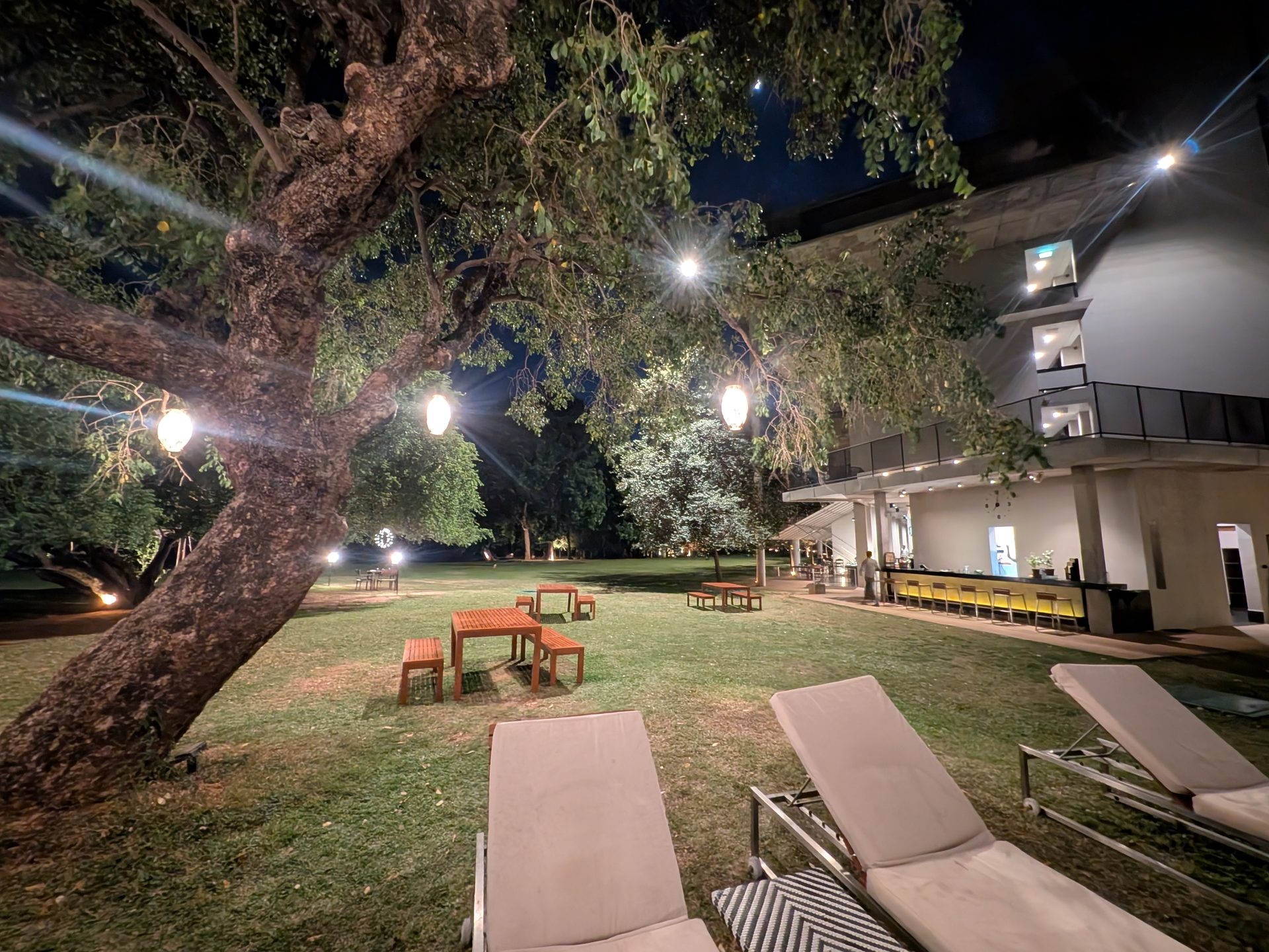 Garden with string lights at Jetwing Lake at night