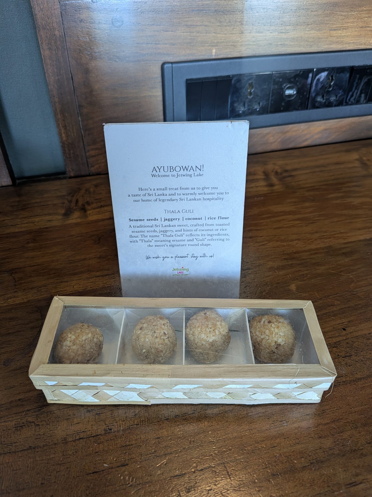Traditional welcome sweets with a card at Jetwing Lake