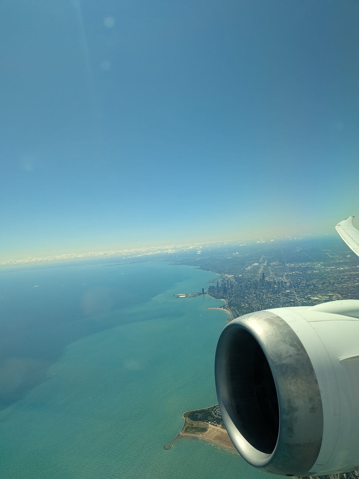 View of Lake Michigan and Chicago from the 787 wing after takeoff