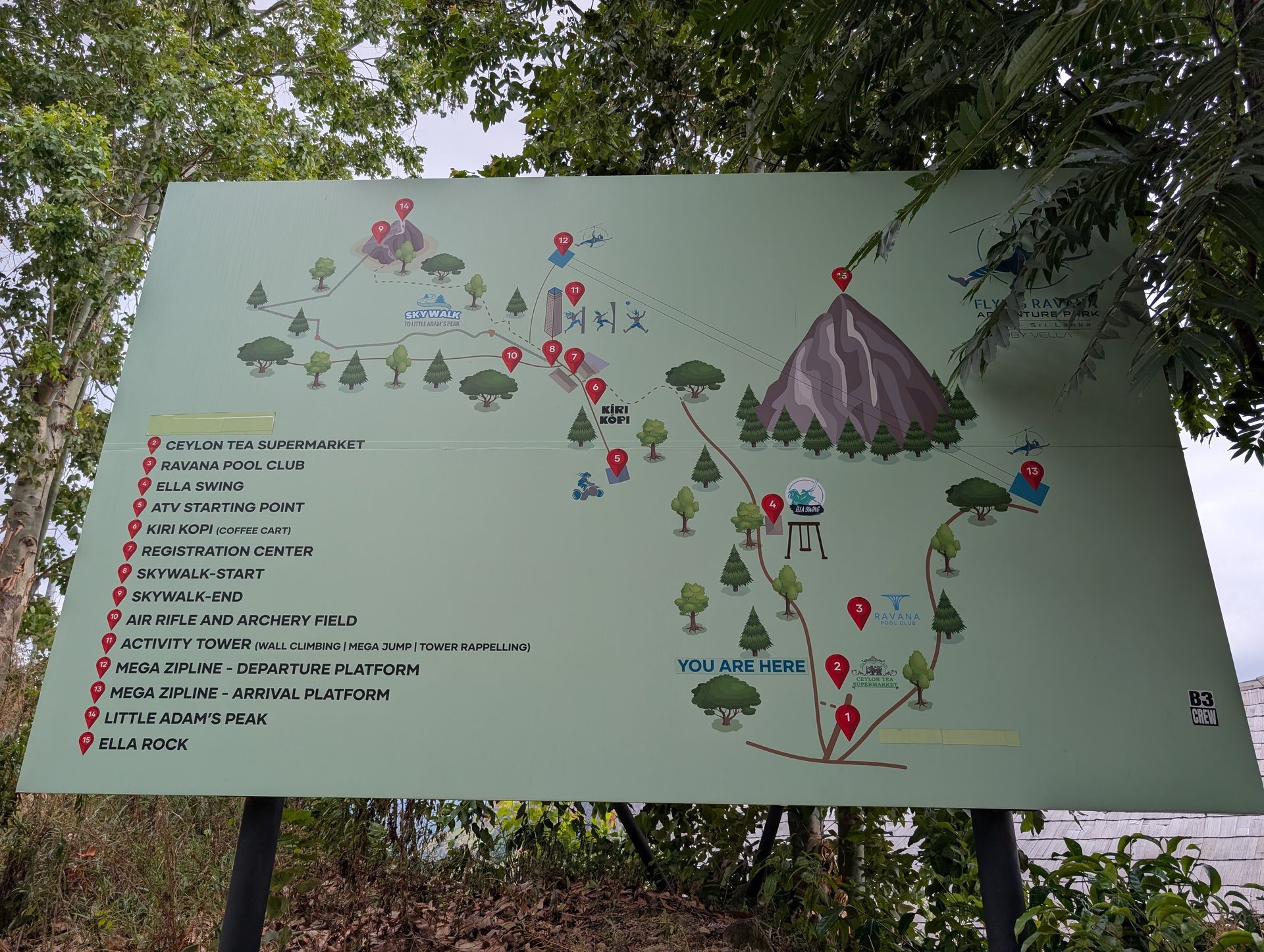 Map of the Little Adam's Peak area showing trails and the Flying Ravana zipline
