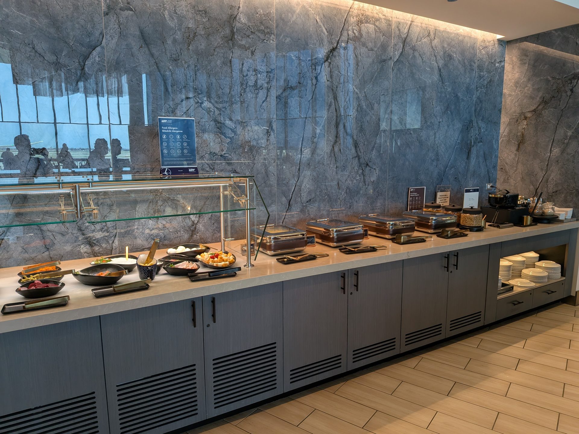 Hot food buffet in the LOT business lounge at O'Hare