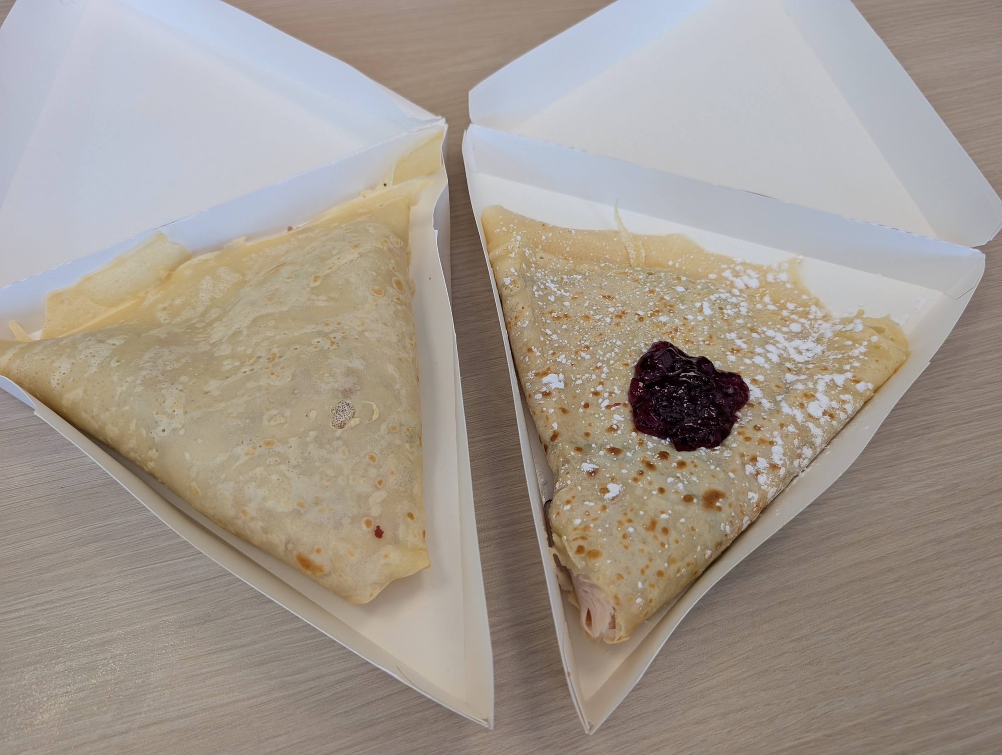 Old Man Mountain crepes with powdered sugar and jam at Rocky Mountain Crepe Company
