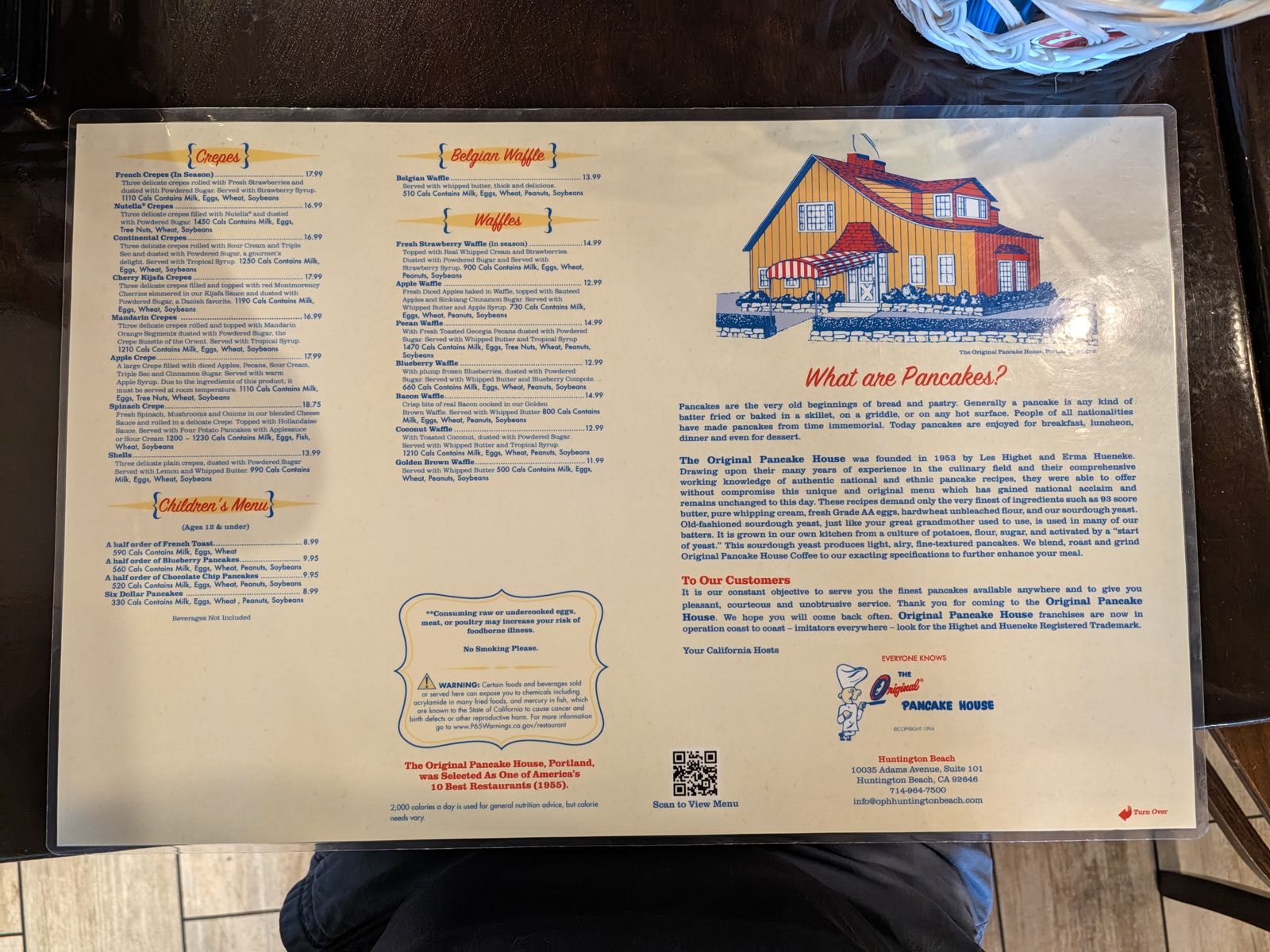 Original Pancake House menu showing crepes, waffles and the founders' story