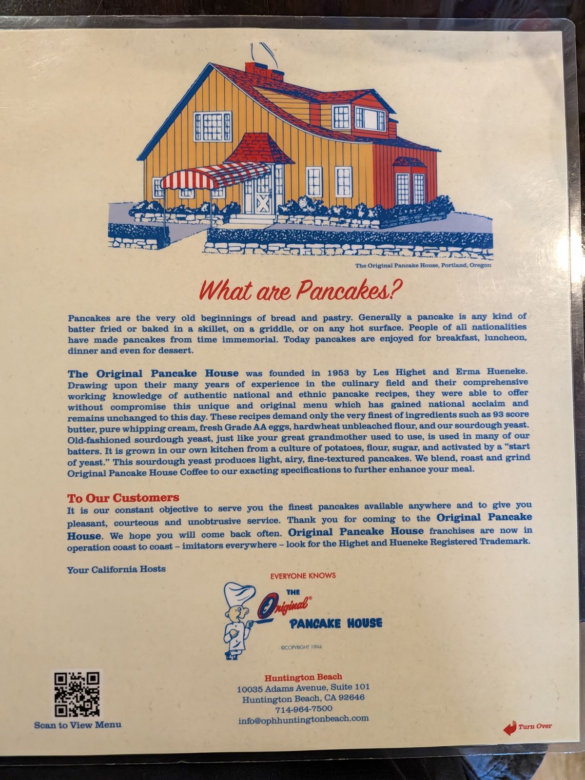 Original Pancake House menu page explaining the 1953 founding in Portland, Oregon