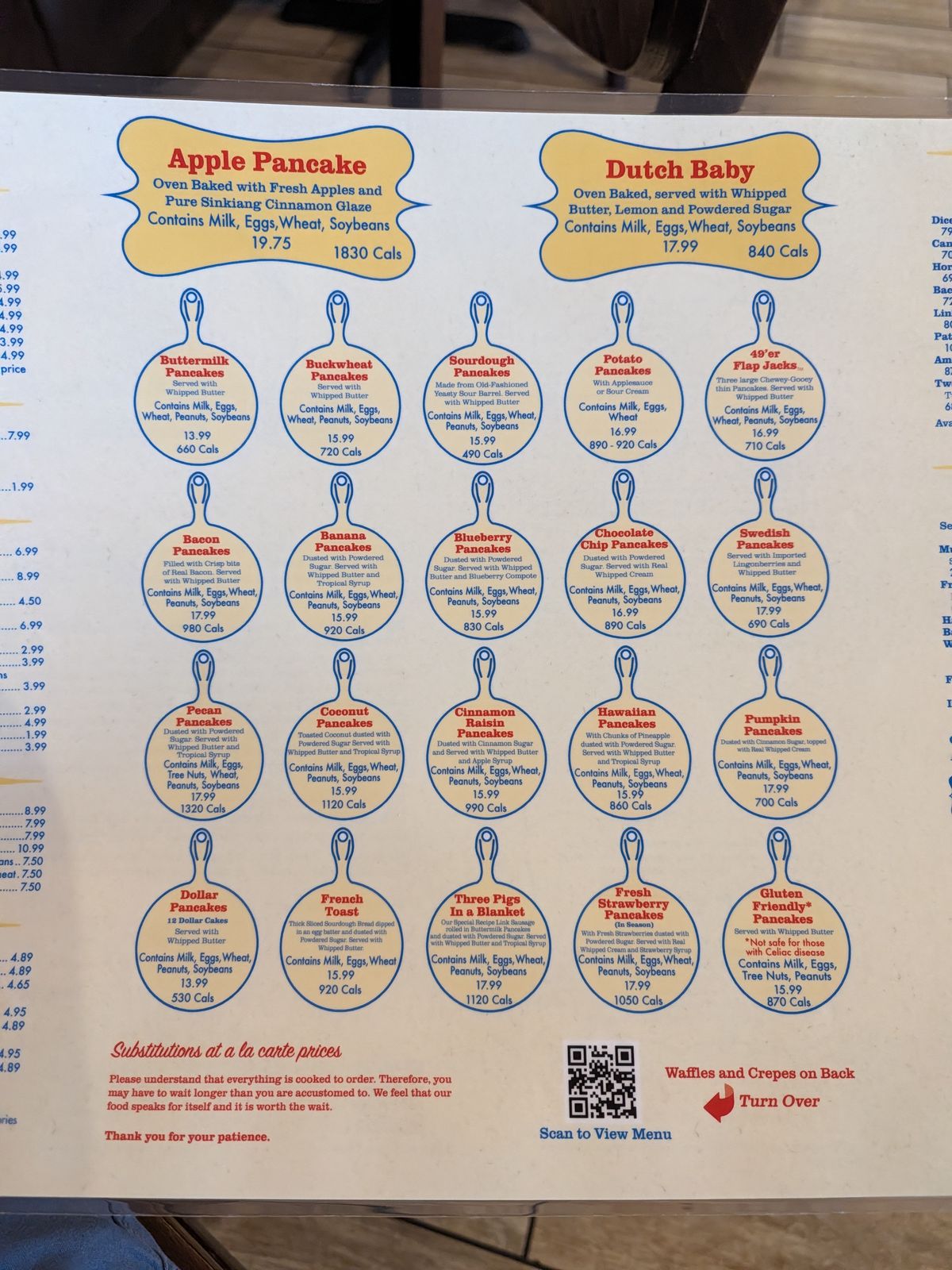 Close-up of the Original Pancake House pancake menu with the Apple Pancake and Dutch Baby