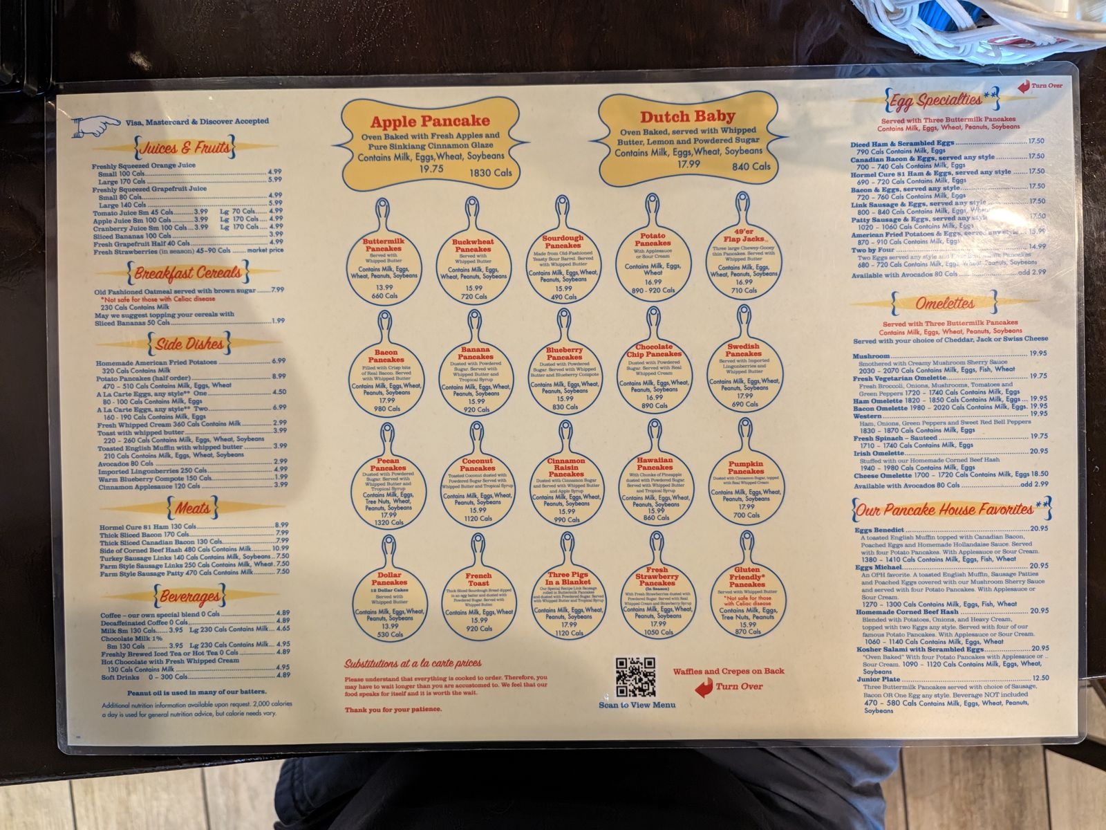 Original Pancake House menu with the Apple Pancake, Dutch Baby, pancakes and omelettes