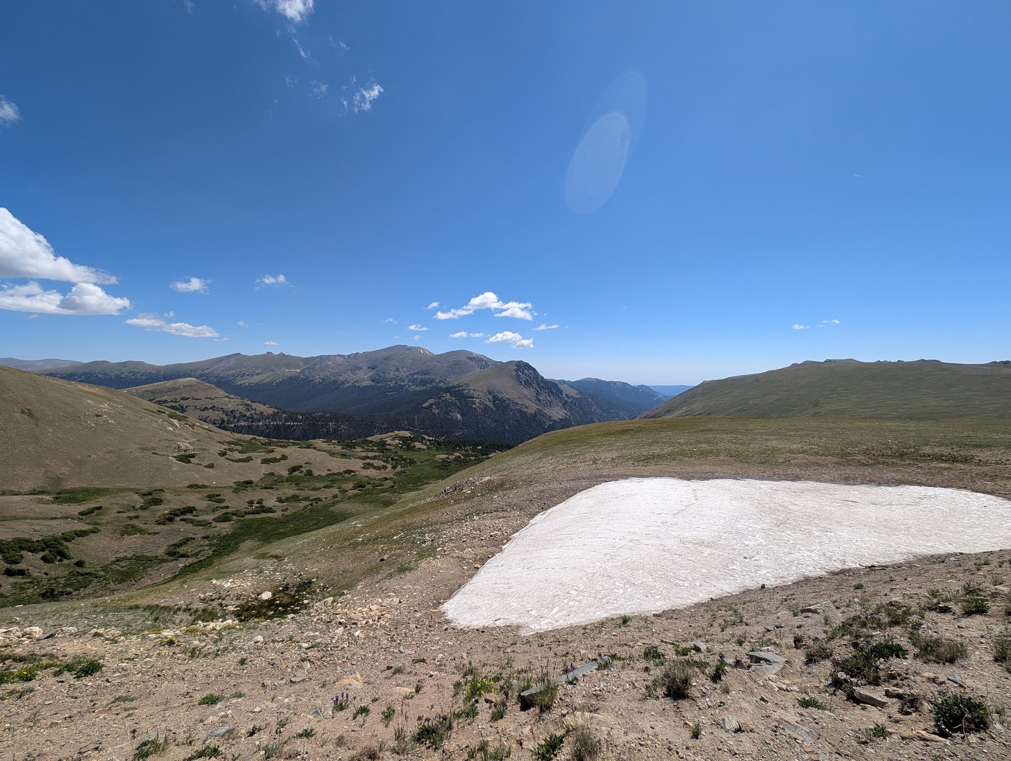 Lingering snowfield on the alpine tundra along Trail Ridge Road in July