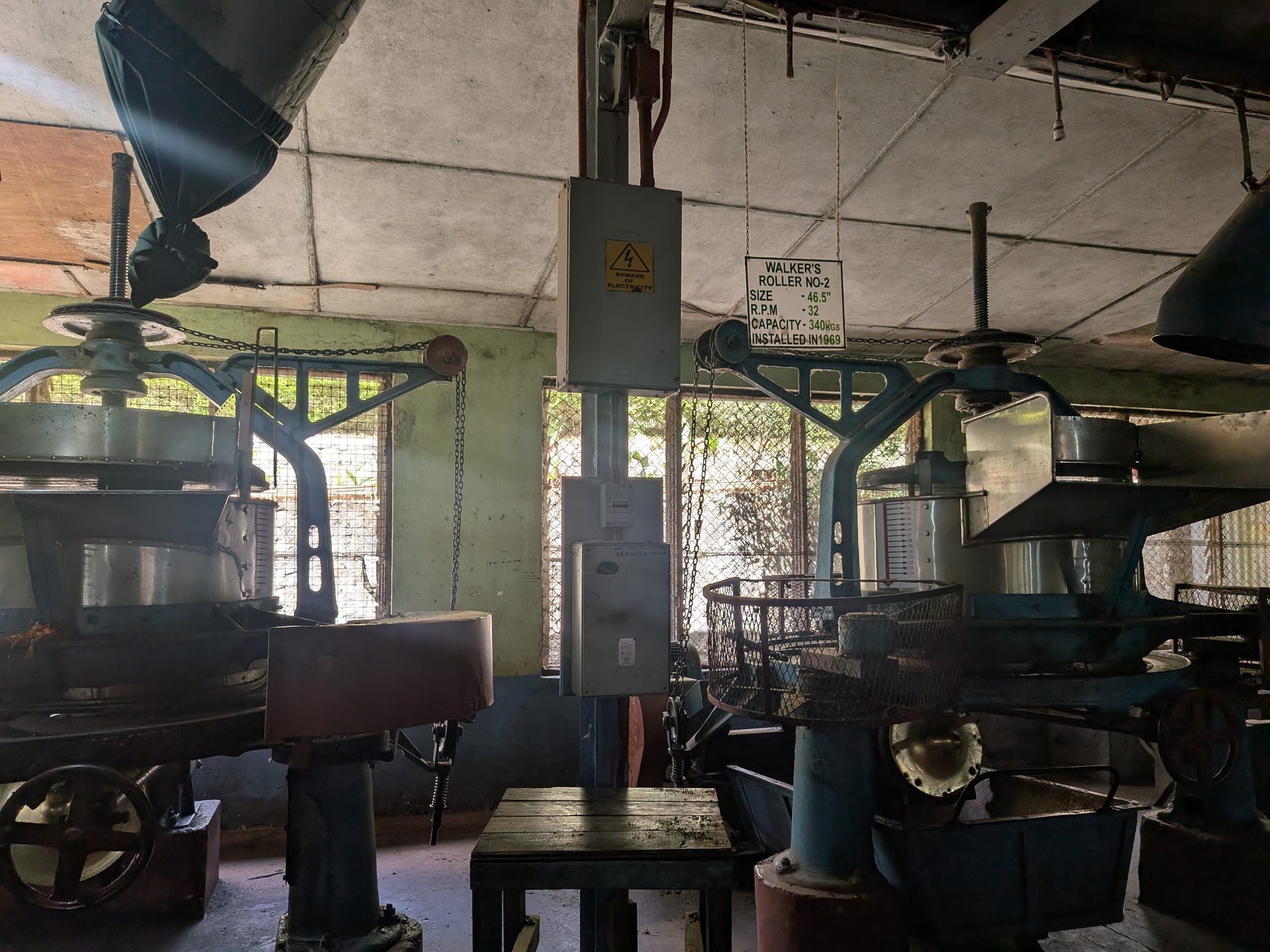 Tea rolling machines inside the Kinellan Tea Factory