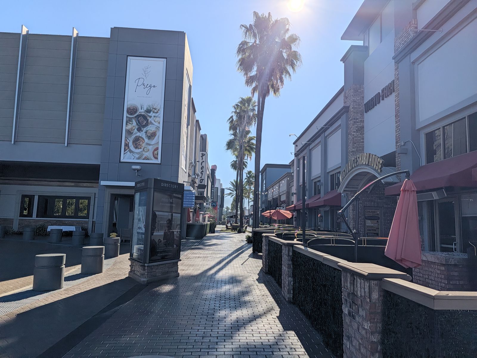 Palm-lined walkway between shops and restaurants at The District at Tustin Legacy
