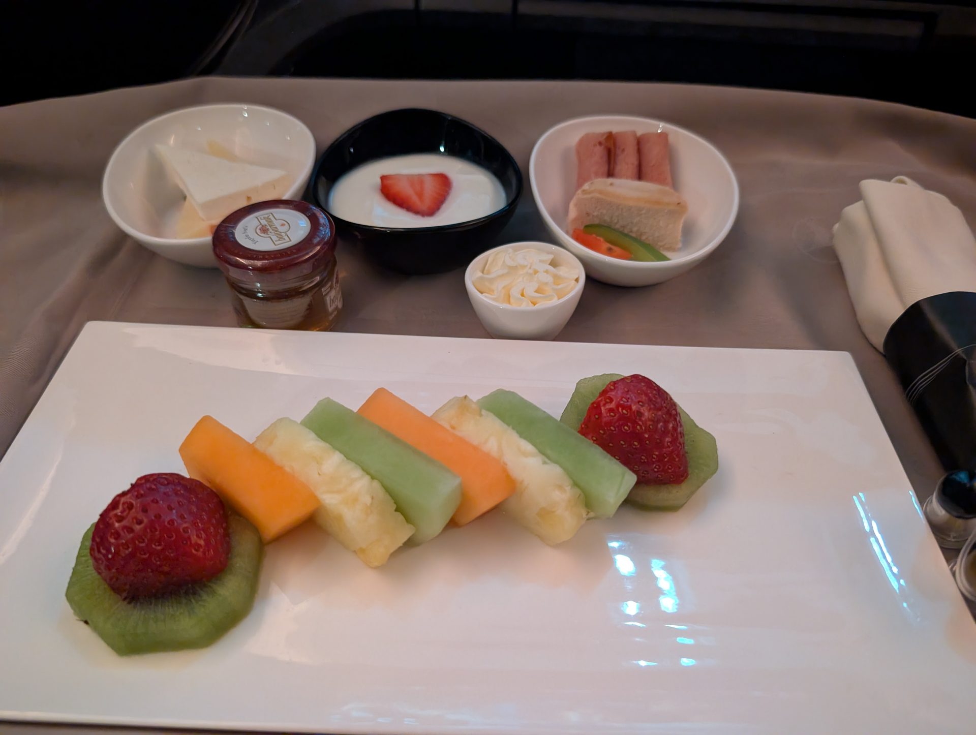 Fruit plate and breakfast before landing in Istanbul