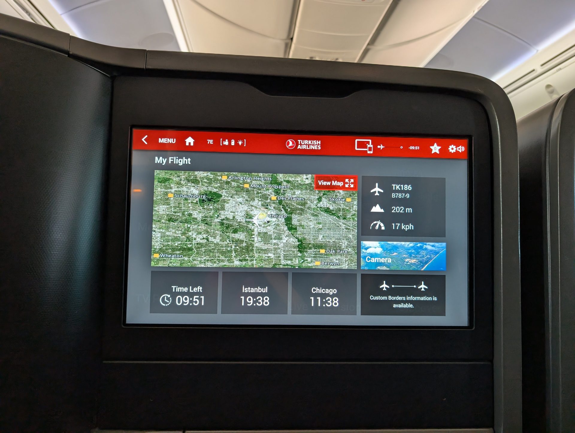 Moving map on the Turkish Airlines business class screen leaving Chicago