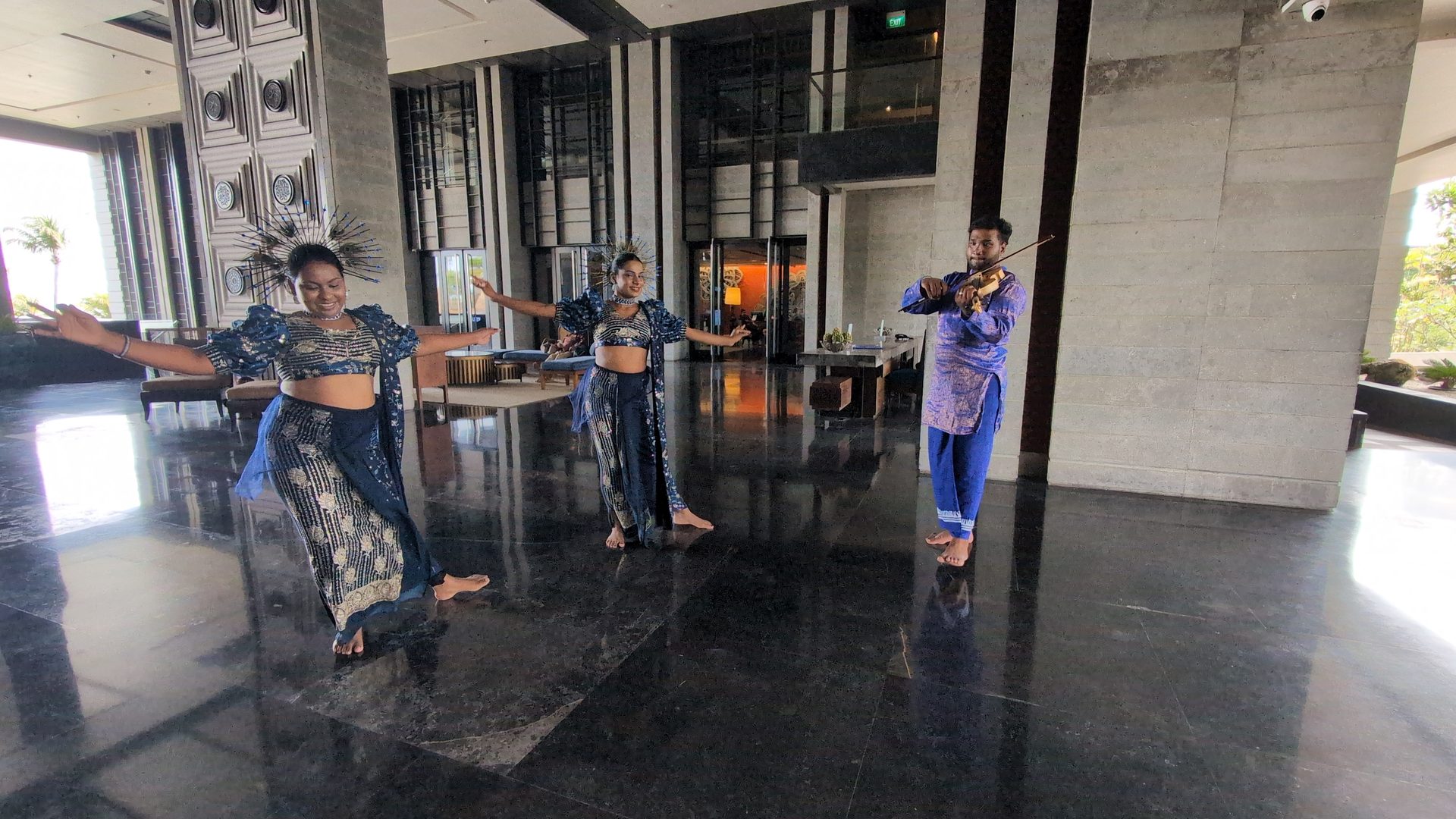 Traditional dancers performing in the Weligama Bay Marriott lobby